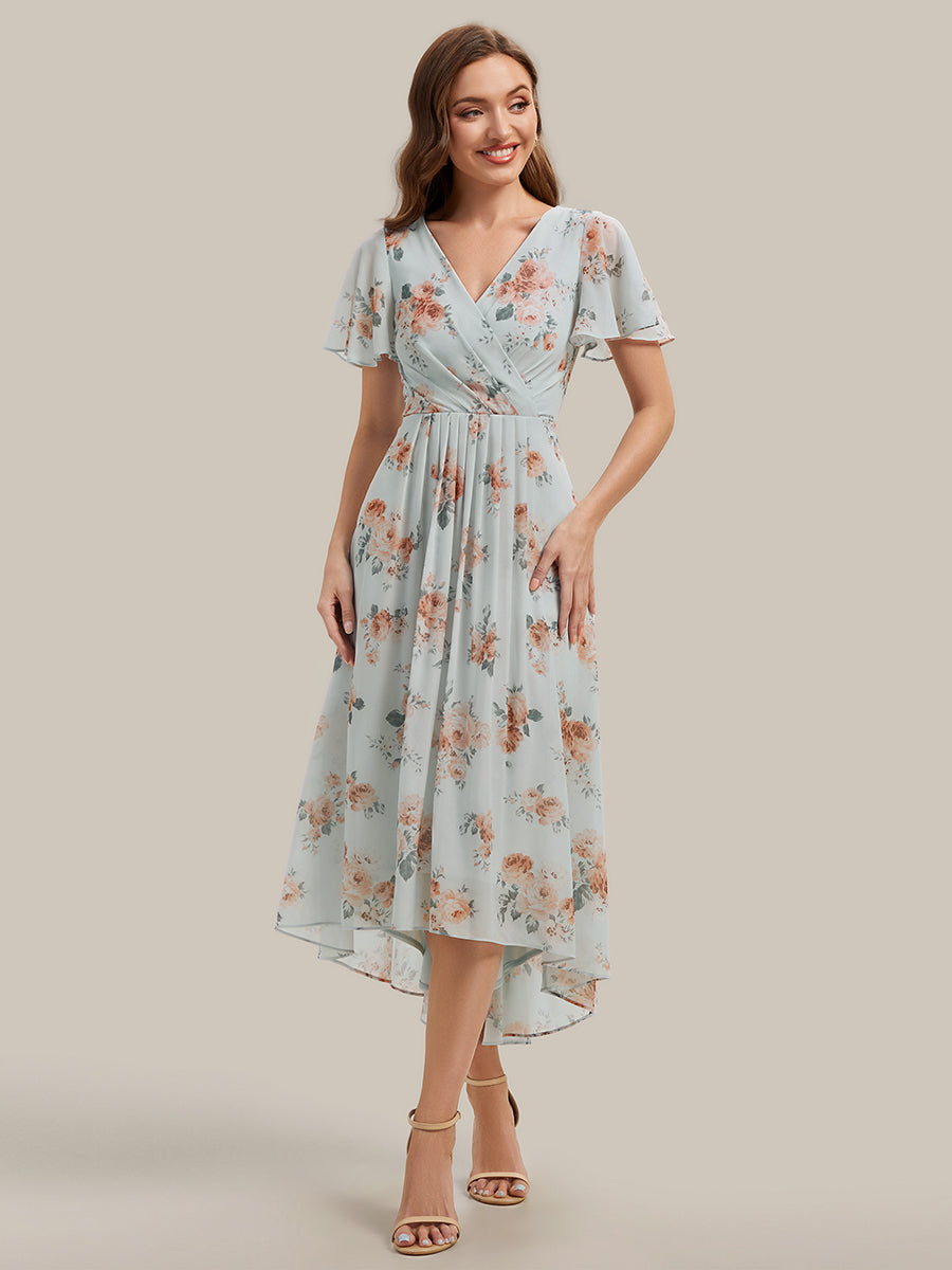 Asymmetrischer Saum V-Ausschnitt A-Linie Chiffon Kleid R¨¹schendetails Gepunkteter Druck #Farbe_Bernstein