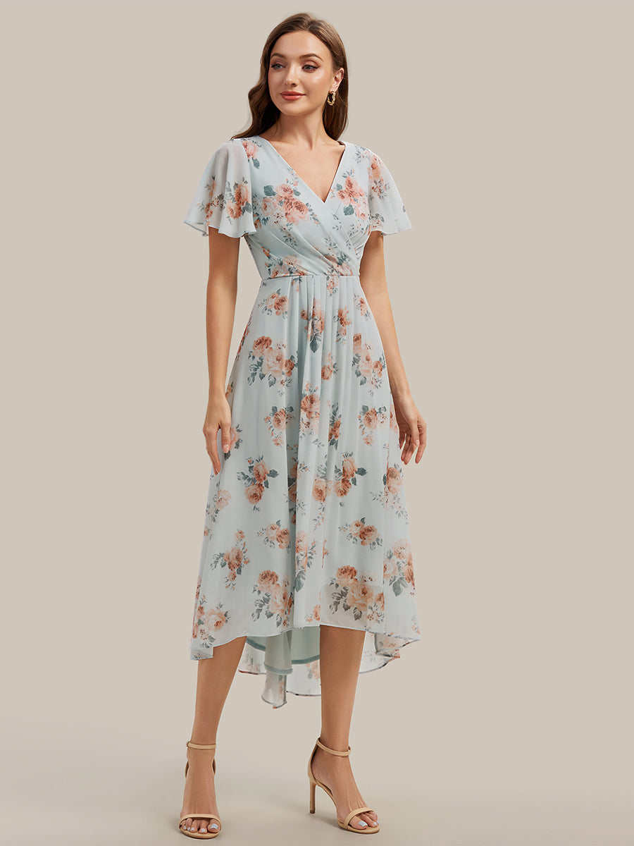 Asymmetrischer Saum V-Ausschnitt A-Linie Chiffon Kleid R¨¹schendetails Gepunkteter Druck #Farbe_Bernstein