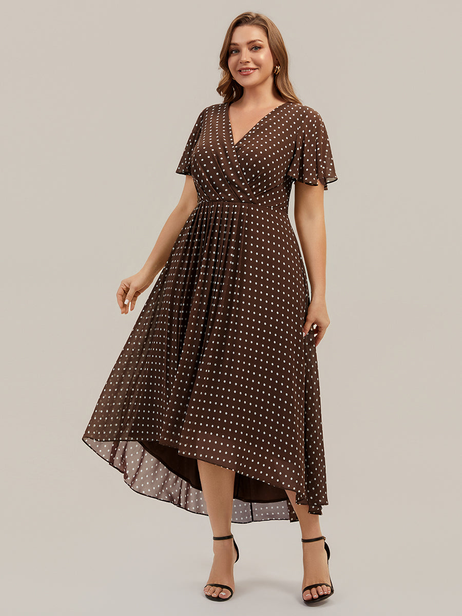 Asymmetrischer Saum V-Ausschnitt A-Linie Chiffon Kleid R¨¹schendetails Gepunkteter Druck #Farbe_Braune Punkte