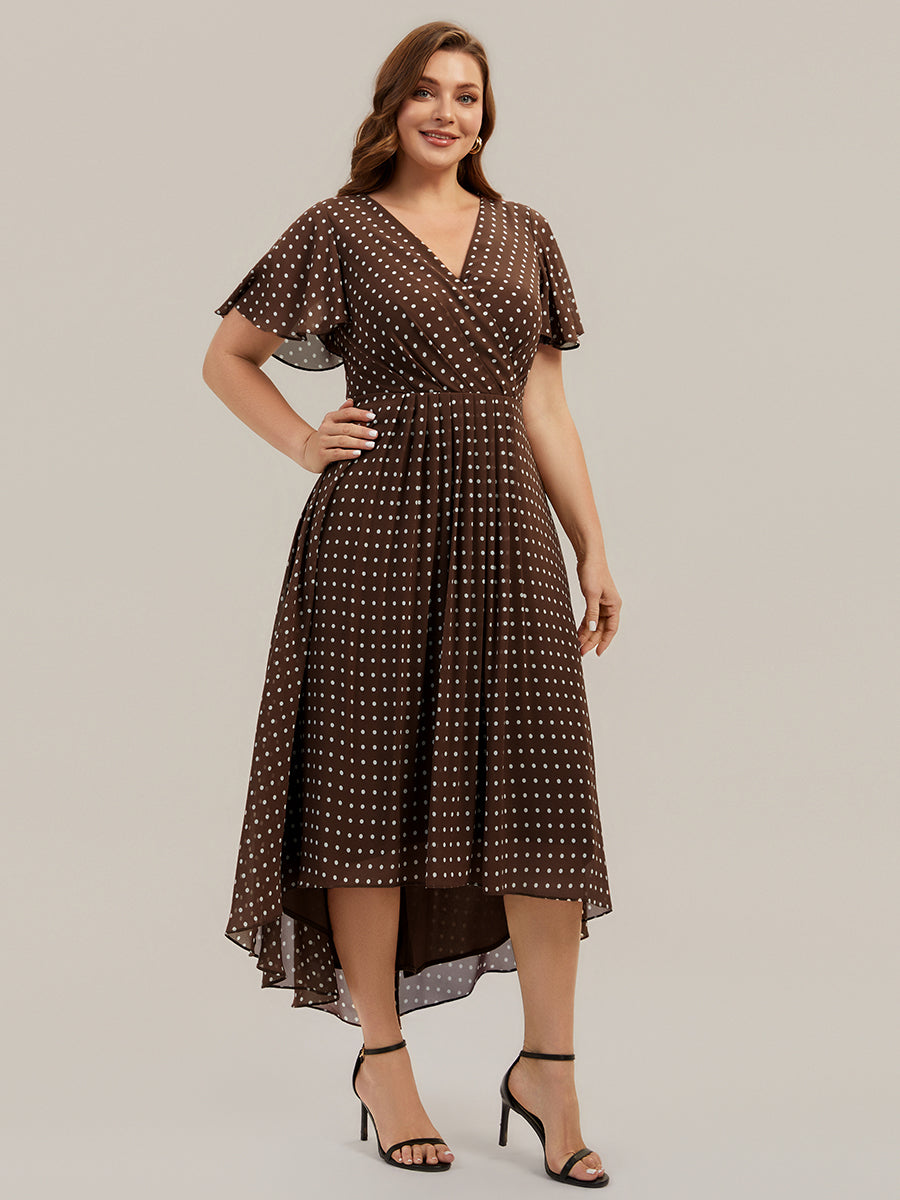 Asymmetrischer Saum V-Ausschnitt A-Linie Chiffon Kleid R¨¹schendetails Gepunkteter Druck #Farbe_Braune Punkte