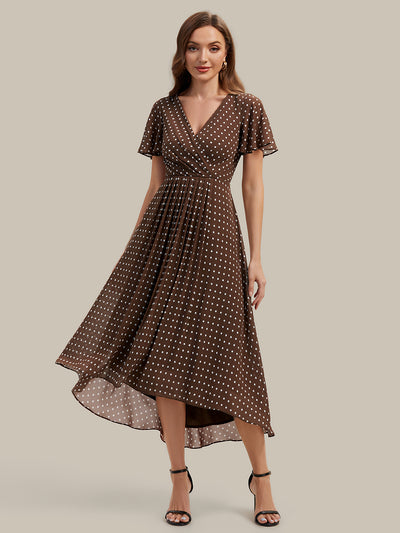 Asymmetrischer Saum V-Ausschnitt A-Linie Chiffon Kleid R¨¹schendetails Gepunkteter Druck #Farbe_Braune Punkte
