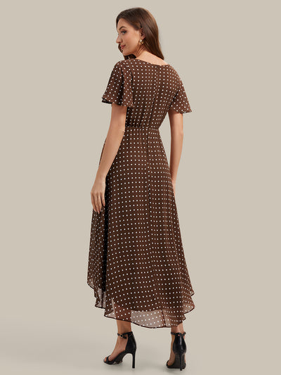 Asymmetrischer Saum V-Ausschnitt A-Linie Chiffon Kleid R¨¹schendetails Gepunkteter Druck #Farbe_Braune Punkte
