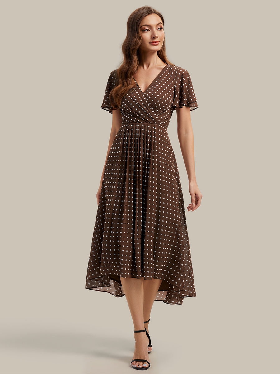 Asymmetrischer Saum V-Ausschnitt A-Linie Chiffon Kleid R¨¹schendetails Gepunkteter Druck #Farbe_Braune Punkte