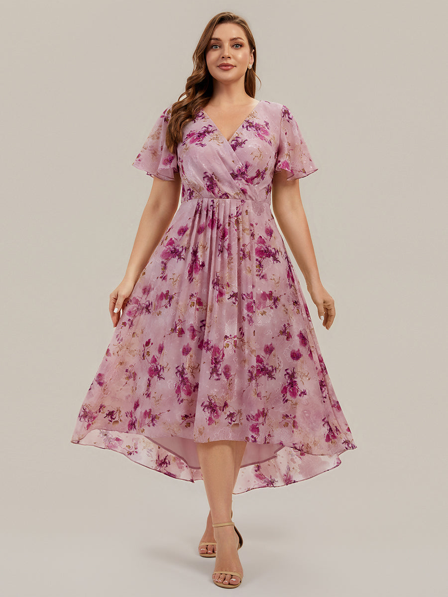 Asymmetrischer Saum V-Ausschnitt A-Linie Chiffon Kleid R¨¹schendetails Gepunkteter Druck #Farbe_Helllila mit Print