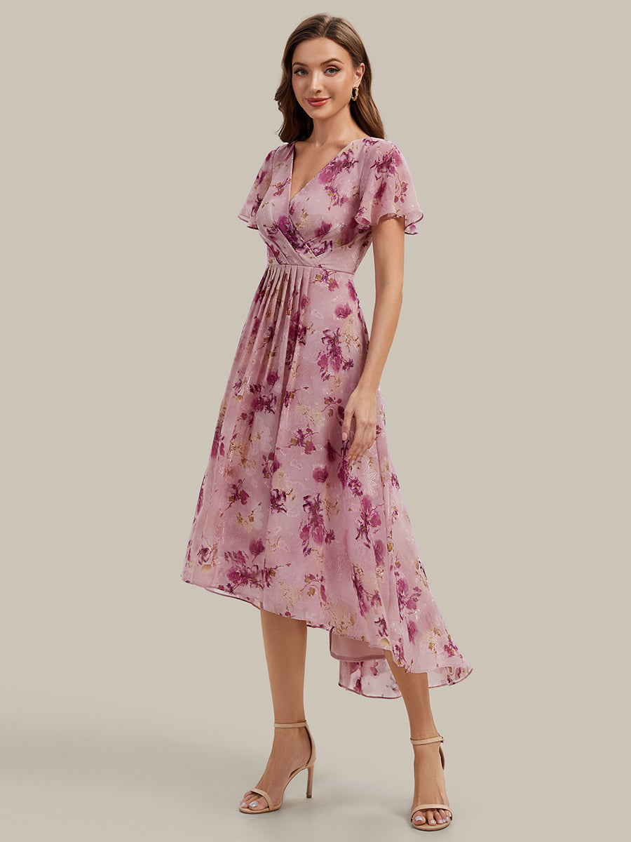 Asymmetrischer Saum V-Ausschnitt A-Linie Chiffon Kleid R¨¹schendetails Gepunkteter Druck #Farbe_Helllila mit Print