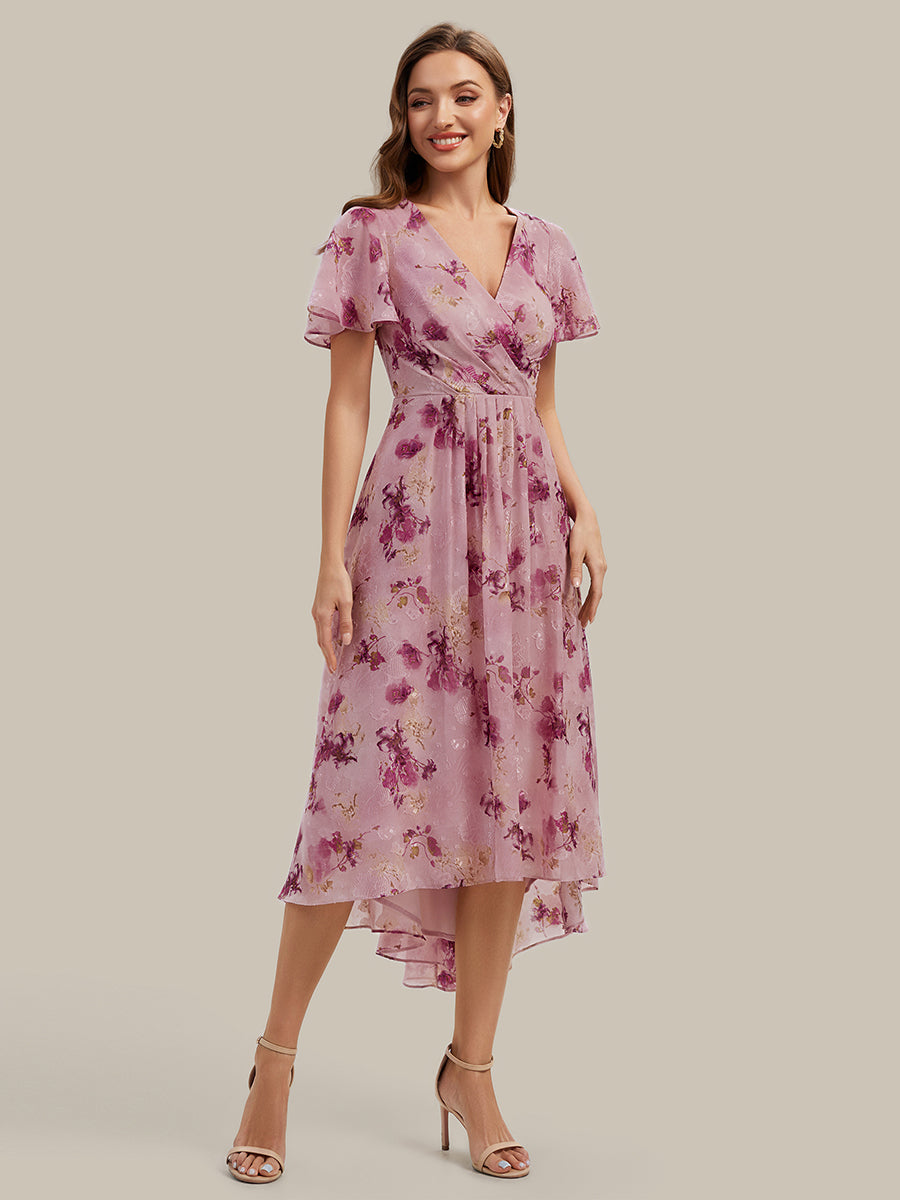 Asymmetrischer Saum V-Ausschnitt A-Linie Chiffon Kleid R¨¹schendetails Gepunkteter Druck #Farbe_Helllila mit Print