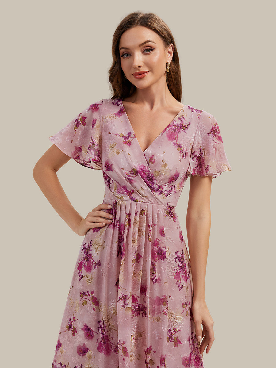 Asymmetrischer Saum V-Ausschnitt A-Linie Chiffon Kleid R¨¹schendetails Gepunkteter Druck #Farbe_Helllila mit Print