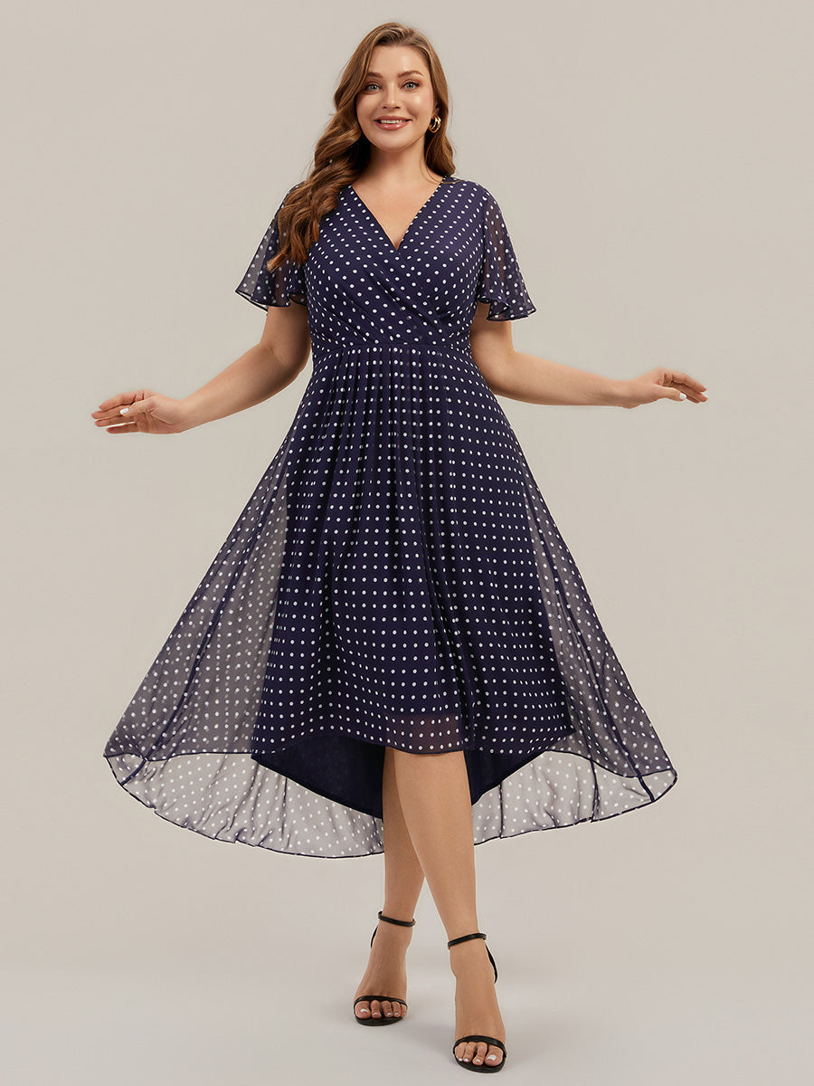 Asymmetrischer Saum V-Ausschnitt A-Linie Chiffon Kleid R¨¹schendetails Gepunkteter Druck #Farbe_Marineblaue Punkte