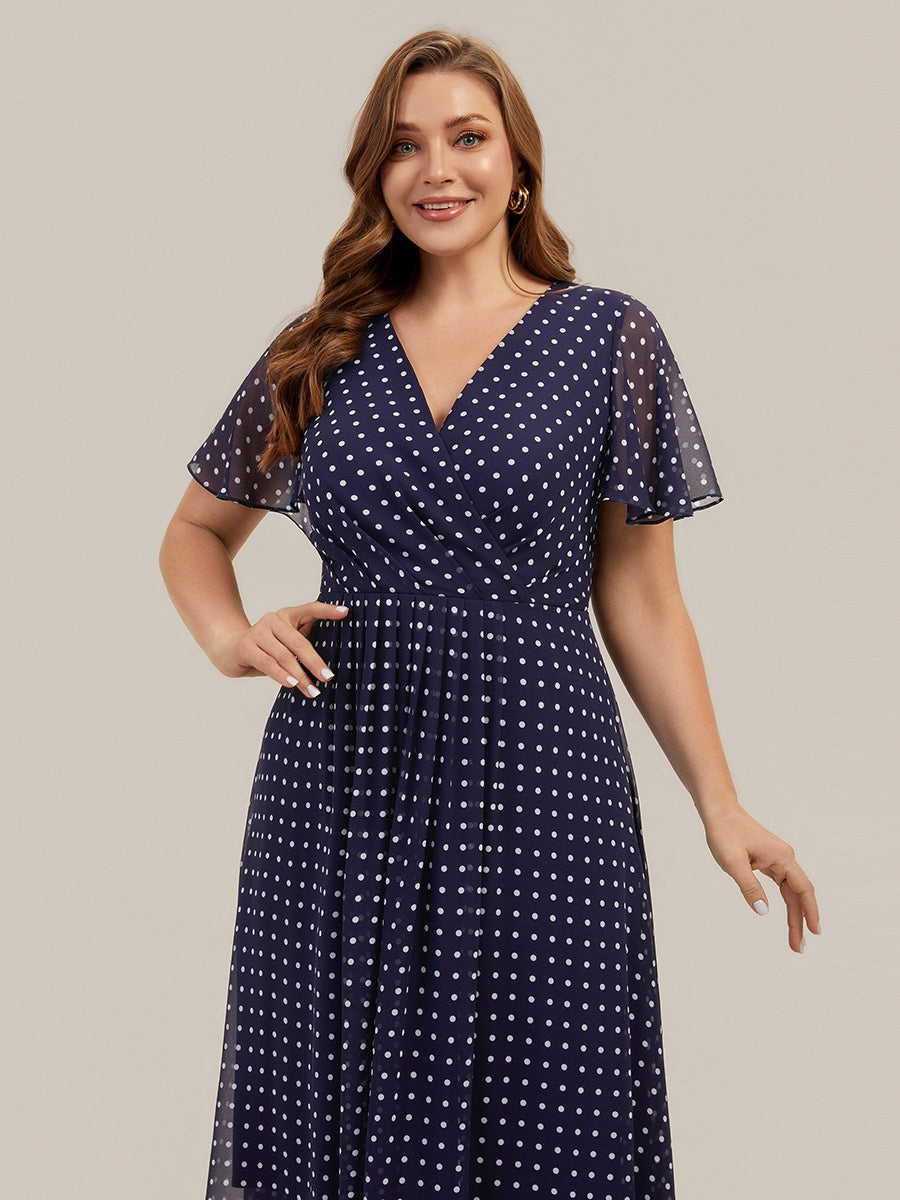 Asymmetrischer Saum V-Ausschnitt A-Linie Chiffon Kleid R¨¹schendetails Gepunkteter Druck #Farbe_Marineblaue Punkte