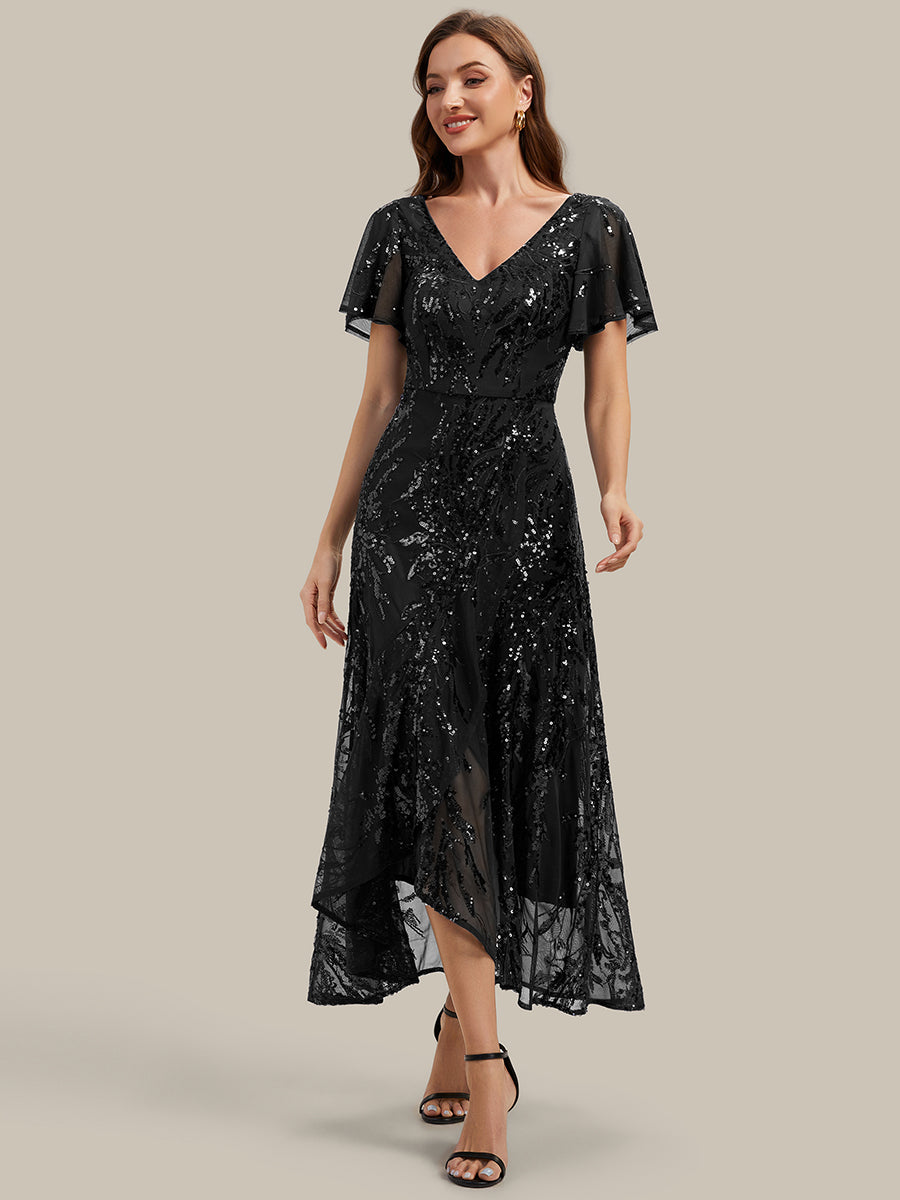 Asymmetrischer Saum V Neck Kleid Pailletten R¨¹schen Glitzerndes Design #Farbe_Schwarz