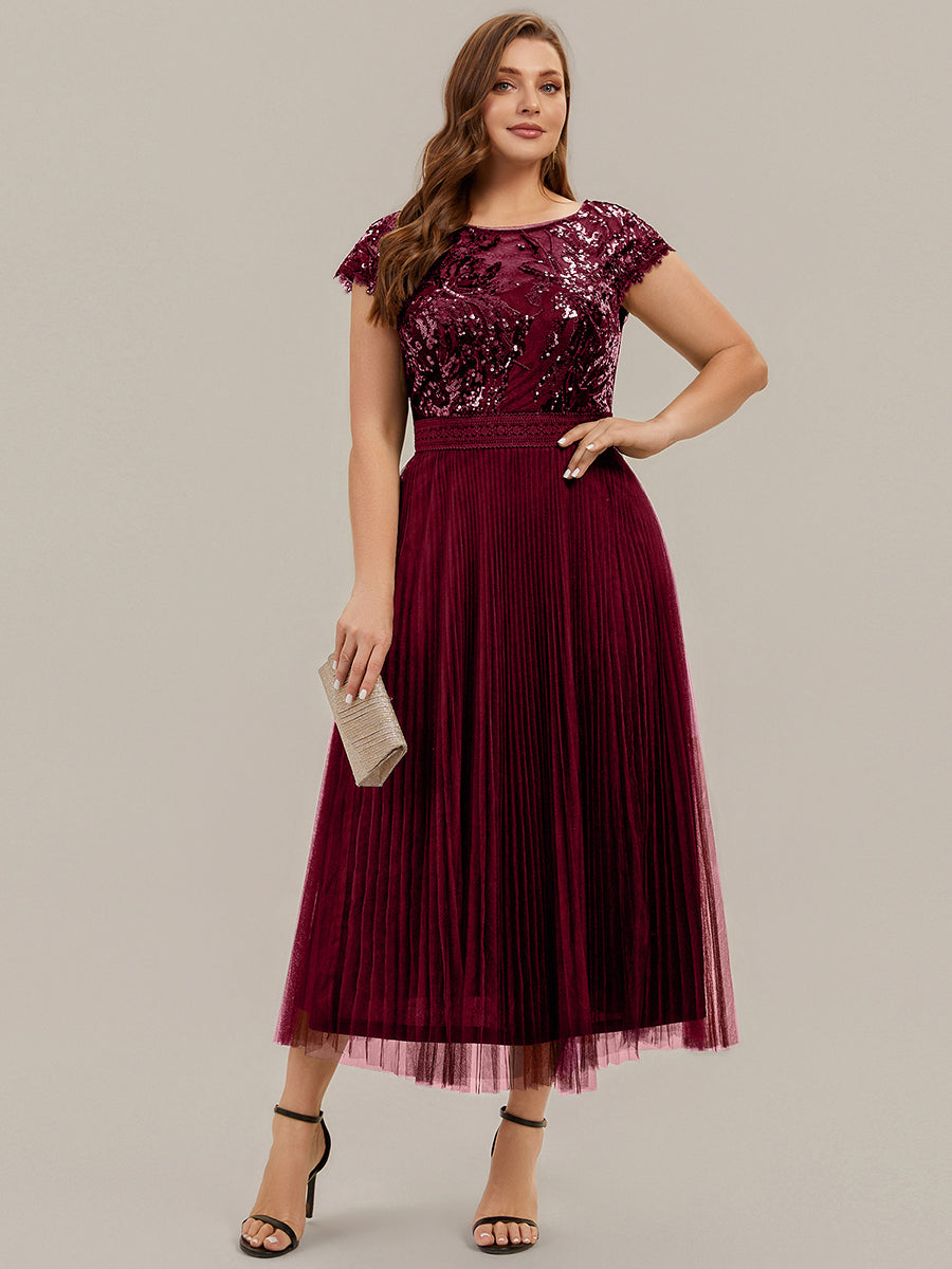 Tea L?nge Rundhals A Linie Pailletten Kleid Mit Sonnenstrahlen Falten Und Durchsichtigen Details Kleid #Farbe_Burgunderrot