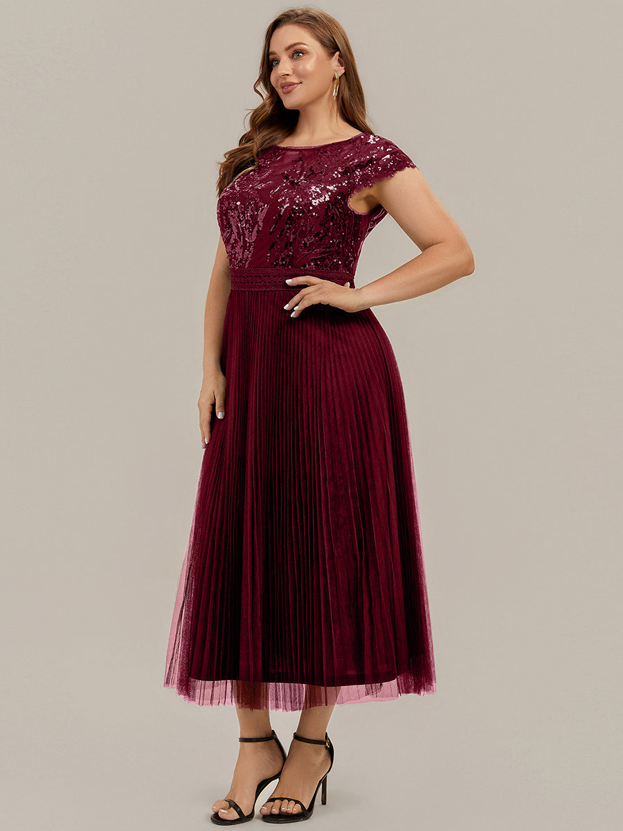 Tea L?nge Rundhals A Linie Pailletten Kleid Mit Sonnenstrahlen Falten Und Durchsichtigen Details Kleid #Farbe_Burgunderrot