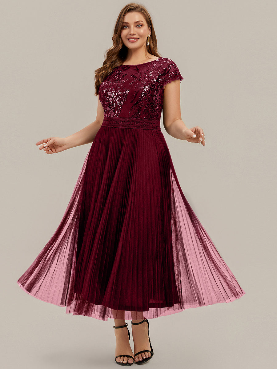 Tea L?nge Rundhals A Linie Pailletten Kleid Mit Sonnenstrahlen Falten Und Durchsichtigen Details Kleid #Farbe_Burgunderrot