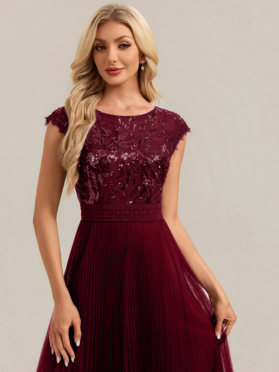 Tea L?nge Rundhals A Linie Pailletten Kleid Mit Sonnenstrahlen Falten Und Durchsichtigen Details Kleid #Farbe_Burgunderrot