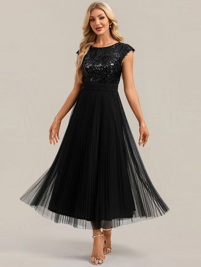 Tea L?nge Rundhals A Linie Pailletten Kleid Mit Sonnenstrahlen Falten Und Durchsichtigen Details Kleid #Farbe_Schwarz