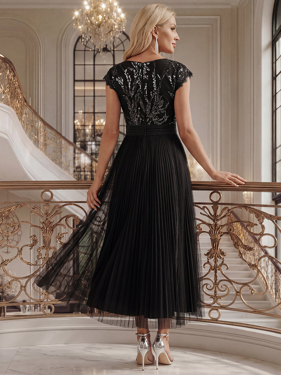 Tea L?nge Rundhals A Linie Pailletten Kleid Mit Sonnenstrahlen Falten Und Durchsichtigen Details Kleid #Farbe_Schwarz