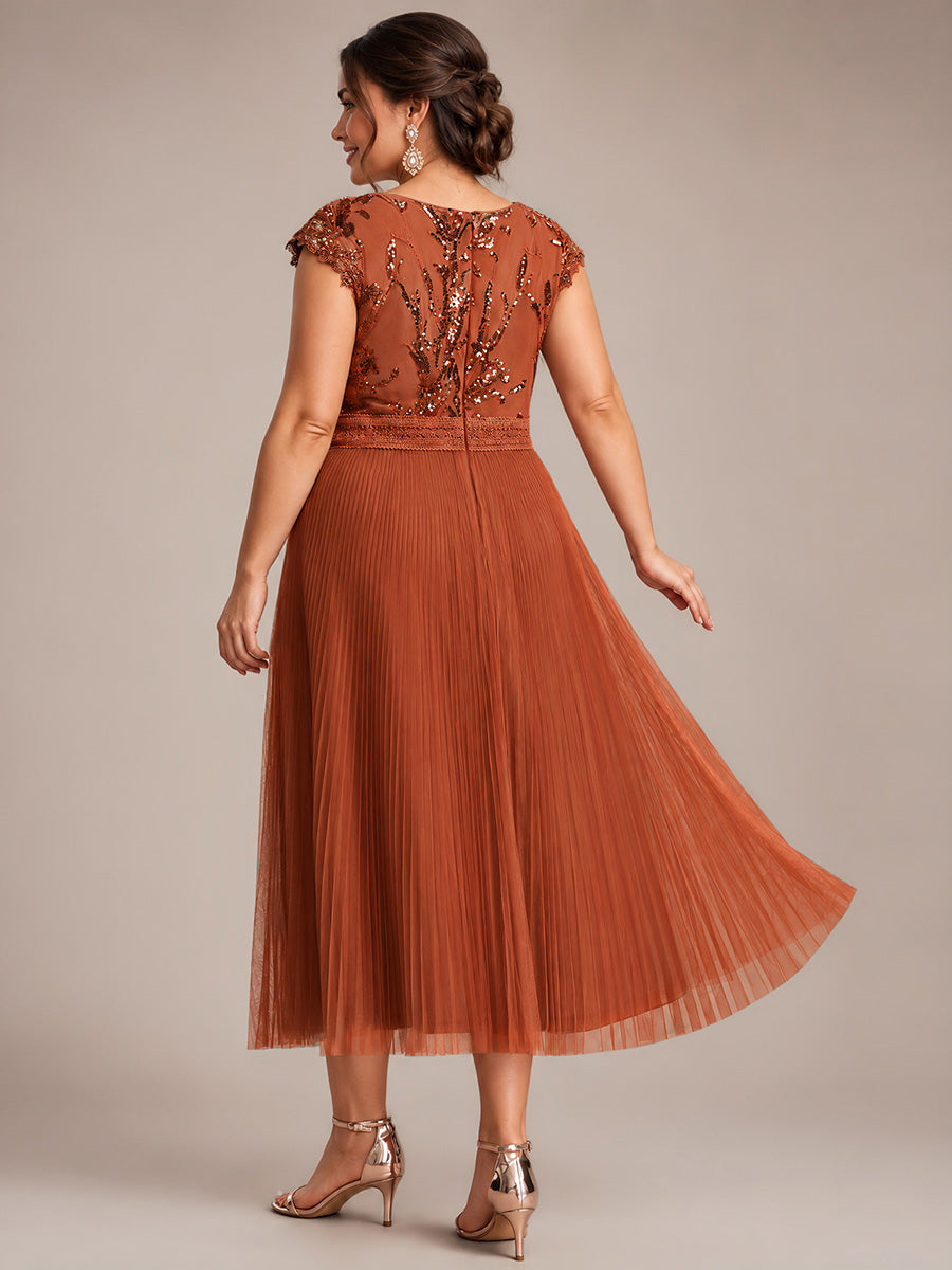 Tea L?nge Rundhals A Linie Pailletten Kleid Mit Sonnenstrahlen Falten Und Durchsichtigen Details Kleid #Farbe_Gebranntes Orange