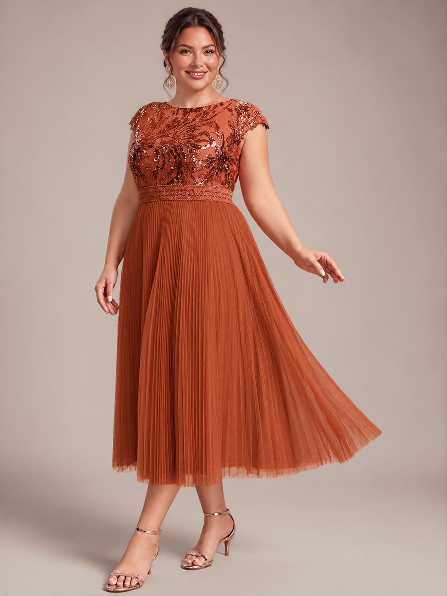 Tea L?nge Rundhals A Linie Pailletten Kleid Mit Sonnenstrahlen Falten Und Durchsichtigen Details Kleid #Farbe_Gebranntes Orange