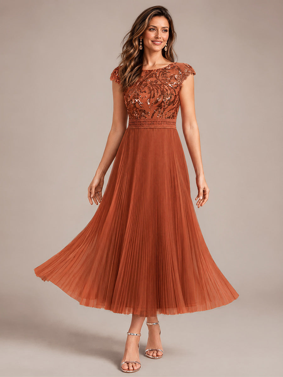 Tea L?nge Rundhals A Linie Pailletten Kleid Mit Sonnenstrahlen Falten Und Durchsichtigen Details Kleid #Farbe_Gebranntes Orange
