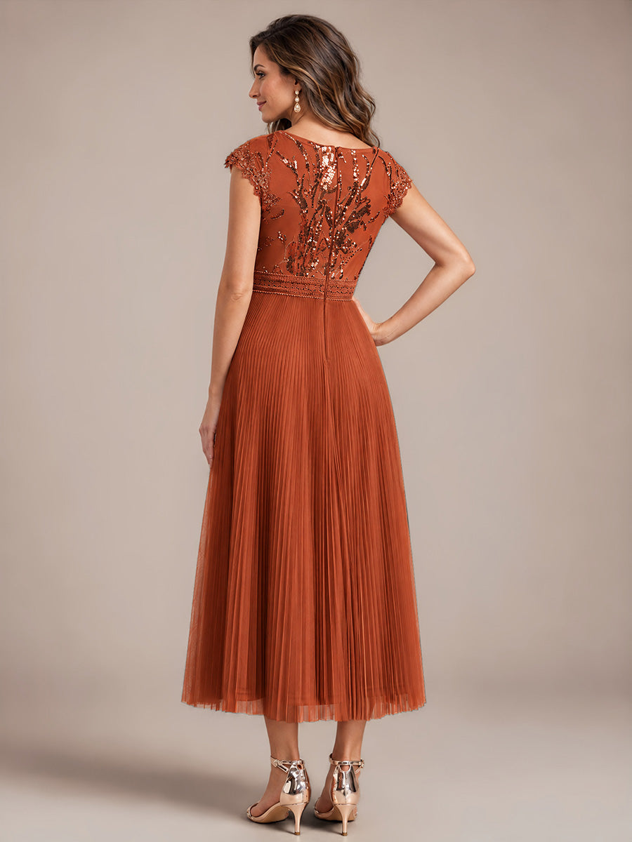 Tea L?nge Rundhals A Linie Pailletten Kleid Mit Sonnenstrahlen Falten Und Durchsichtigen Details Kleid #Farbe_Gebranntes Orange