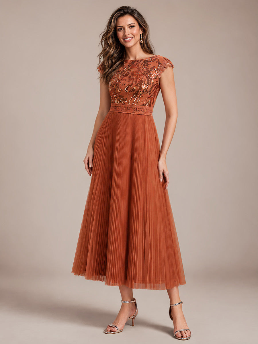 Tea L?nge Rundhals A Linie Pailletten Kleid Mit Sonnenstrahlen Falten Und Durchsichtigen Details Kleid #Farbe_Gebranntes Orange