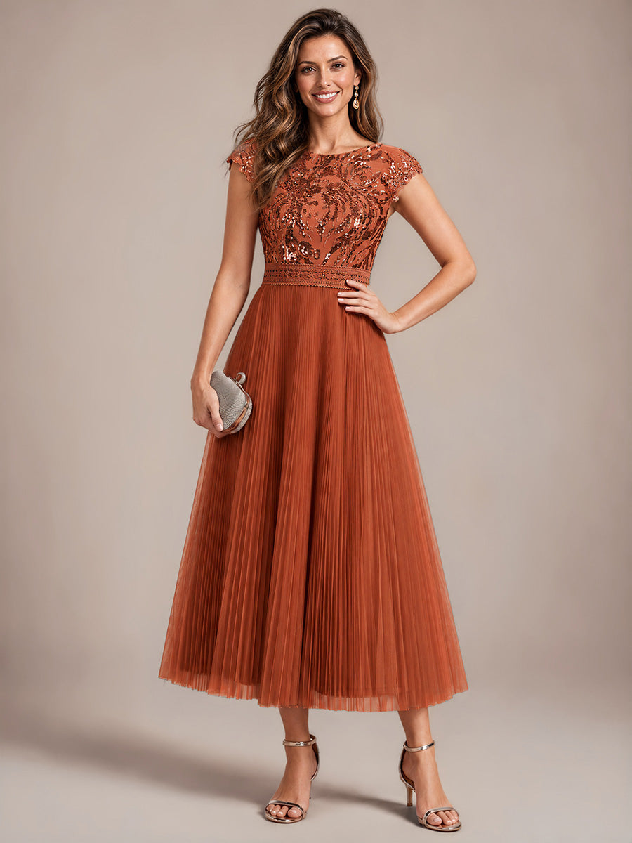 Tea L?nge Rundhals A Linie Pailletten Kleid Mit Sonnenstrahlen Falten Und Durchsichtigen Details Kleid #Farbe_Gebranntes Orange