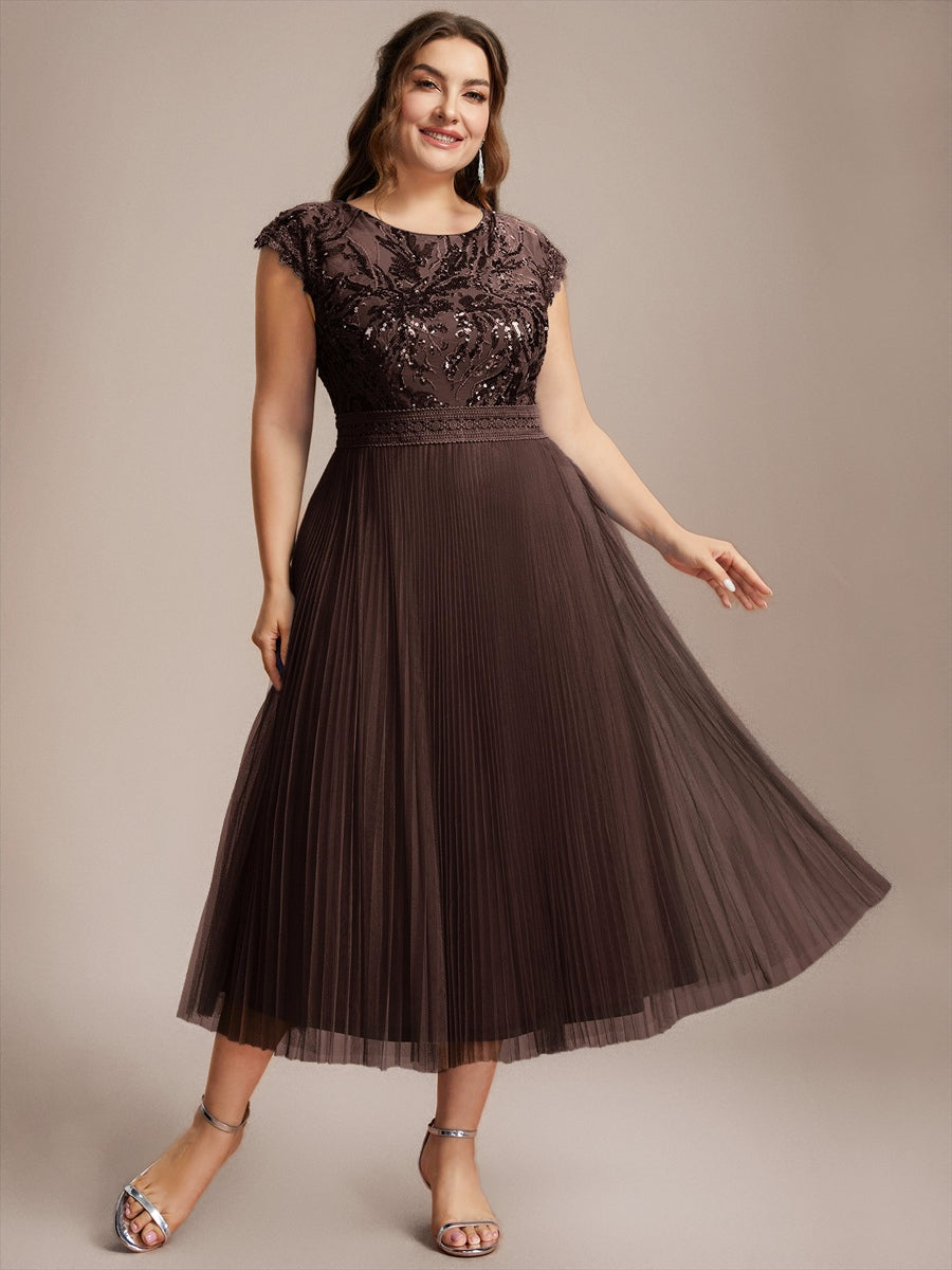 Tea L?nge Rundhals A Linie Pailletten Kleid Mit Sonnenstrahlen Falten Und Durchsichtigen Details Kleid #Farbe_Schokoladenbraun