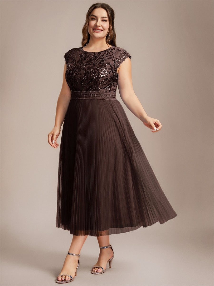 Tea L?nge Rundhals A Linie Pailletten Kleid Mit Sonnenstrahlen Falten Und Durchsichtigen Details Kleid #Farbe_Schokoladenbraun