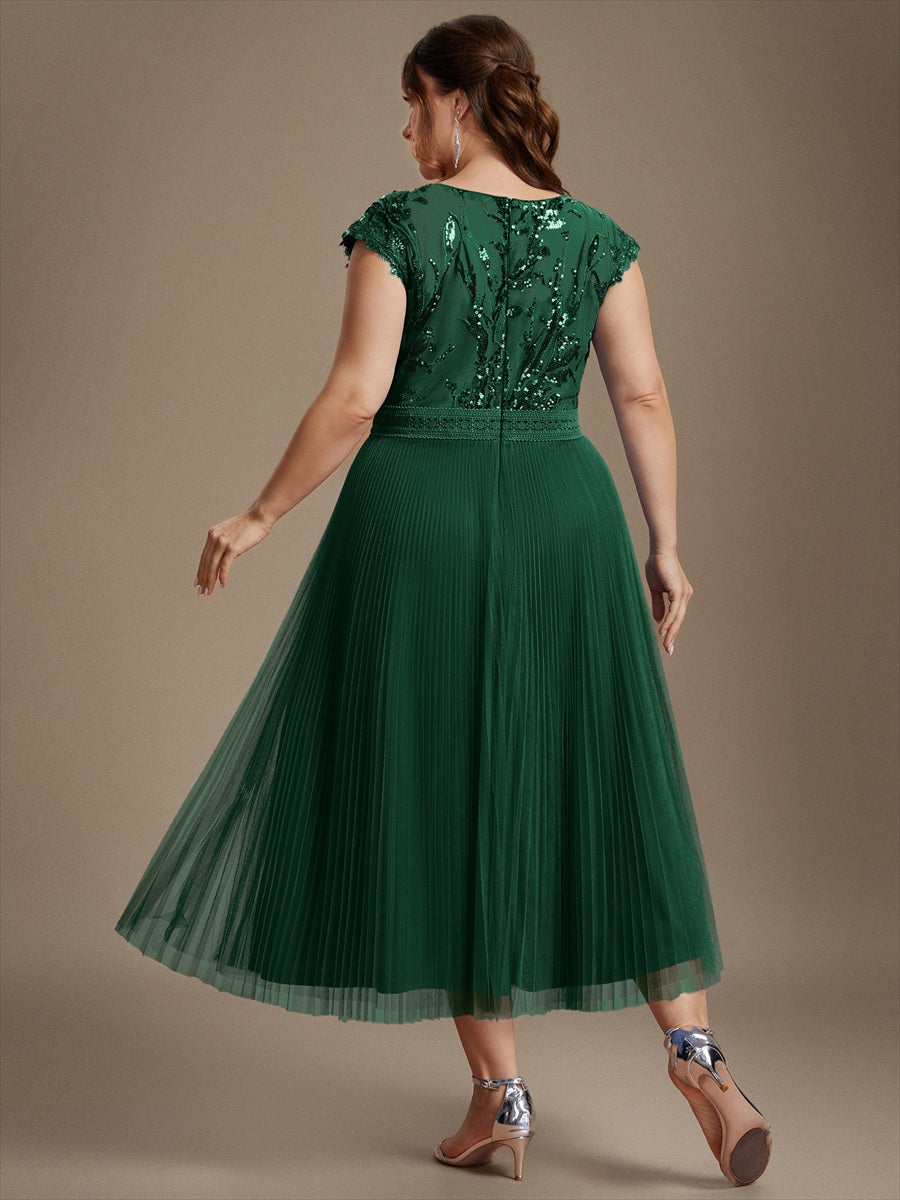 Tea L?nge Rundhals A Linie Pailletten Kleid Mit Sonnenstrahlen Falten Und Durchsichtigen Details Kleid #Farbe_Dunkelgrün