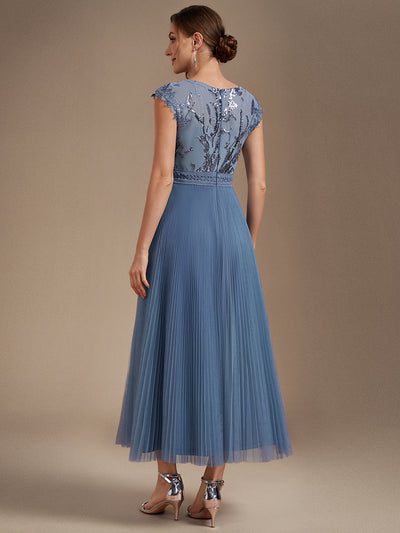 Tea L?nge Rundhals A Linie Pailletten Kleid Mit Sonnenstrahlen Falten Und Durchsichtigen Details Kleid #Farbe_Taubenblau