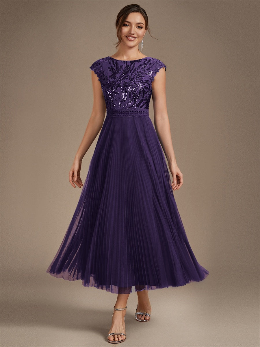 Tea L?nge Rundhals A Linie Pailletten Kleid Mit Sonnenstrahlen Falten Und Durchsichtigen Details Kleid #Farbe_Dunkelviolett
