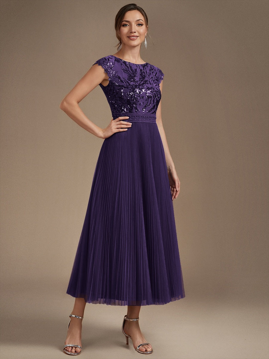 Tea L?nge Rundhals A Linie Pailletten Kleid Mit Sonnenstrahlen Falten Und Durchsichtigen Details Kleid #Farbe_Dunkelviolett