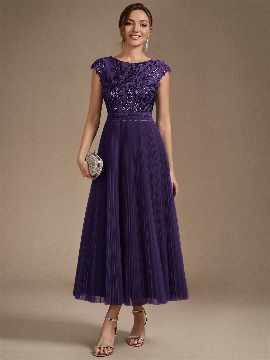 Tea L?nge Rundhals A Linie Pailletten Kleid Mit Sonnenstrahlen Falten Und Durchsichtigen Details Kleid #Farbe_Dunkelviolett