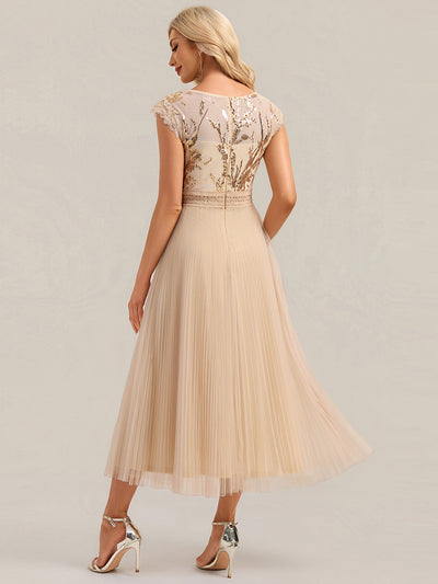 Tea L?nge Rundhals A Linie Pailletten Kleid Mit Sonnenstrahlen Falten Und Durchsichtigen Details Kleid #Farbe_Gold
