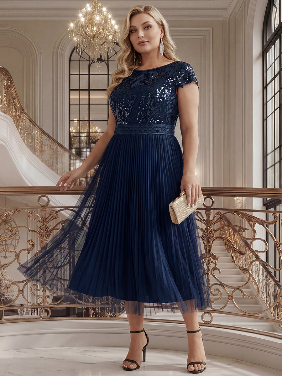 Tea L?nge Rundhals A Linie Pailletten Kleid Mit Sonnenstrahlen Falten Und Durchsichtigen Details Kleid #Farbe_Marineblau