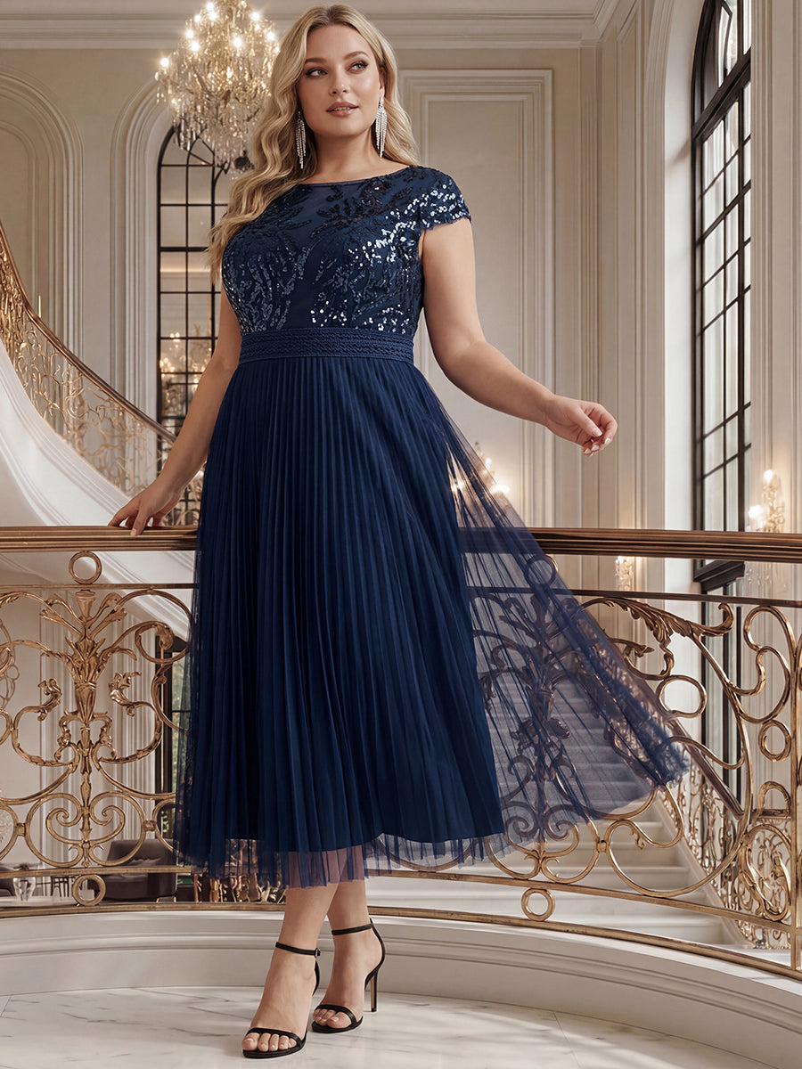 Tea L?nge Rundhals A Linie Pailletten Kleid Mit Sonnenstrahlen Falten Und Durchsichtigen Details Kleid #Farbe_Marineblau