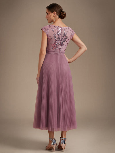 Tea L?nge Rundhals A Linie Pailletten Kleid Mit Sonnenstrahlen Falten Und Durchsichtigen Details Kleid #Farbe_Orchideenviolett