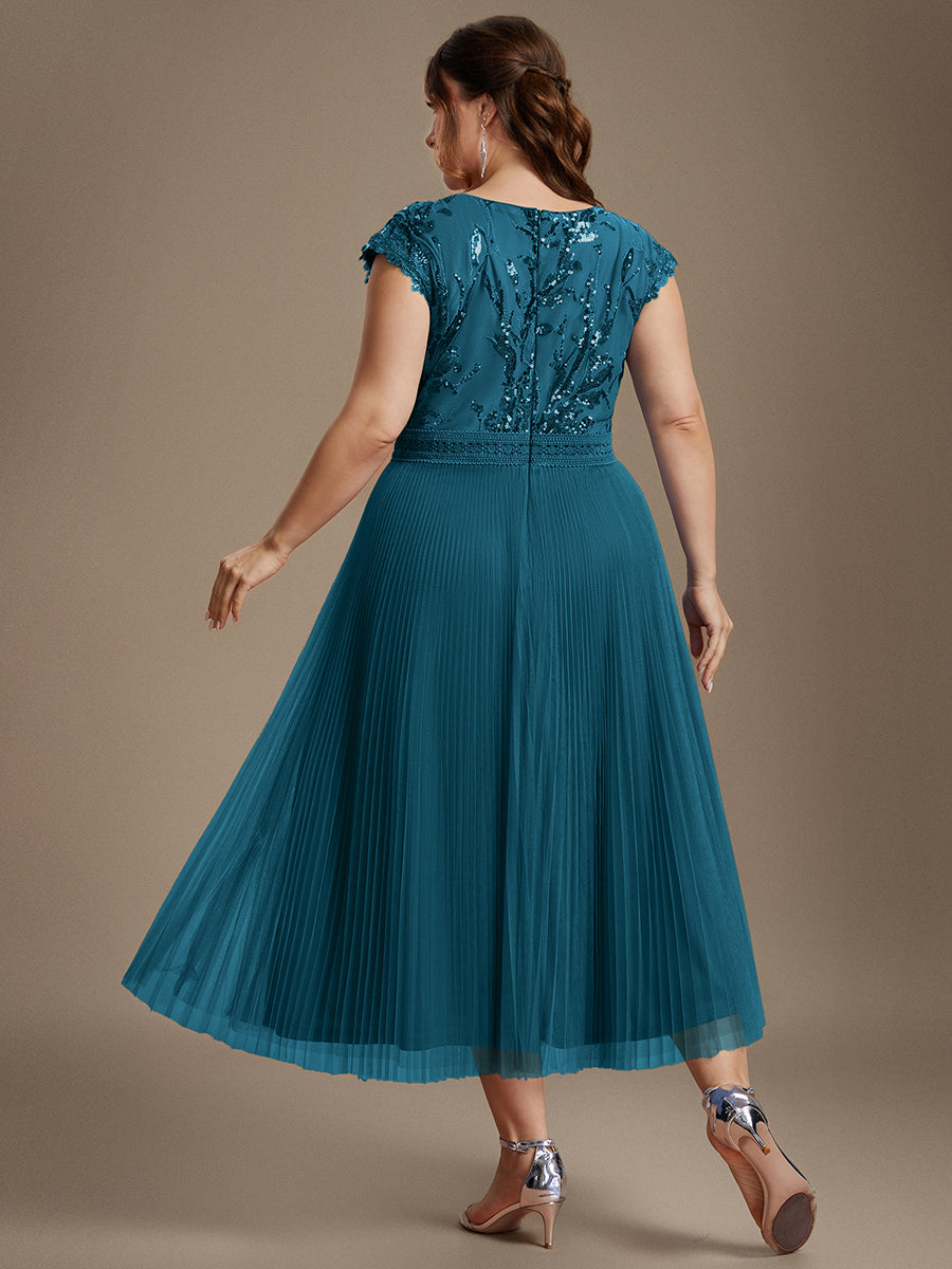 Tea L?nge Rundhals A Linie Pailletten Kleid Mit Sonnenstrahlen Falten Und Durchsichtigen Details Kleid #Farbe_Petrol