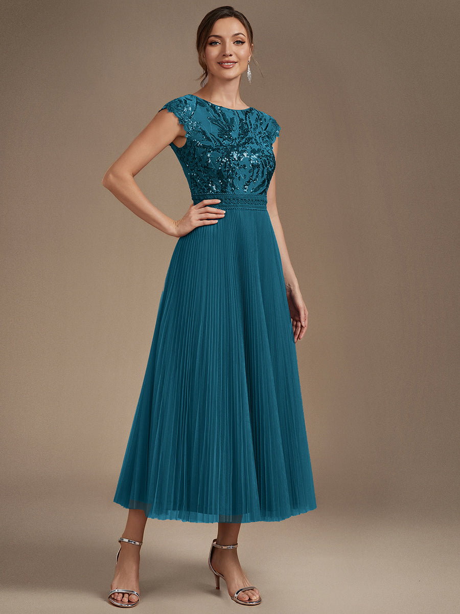 Tea L?nge Rundhals A Linie Pailletten Kleid Mit Sonnenstrahlen Falten Und Durchsichtigen Details Kleid #Farbe_Petrol