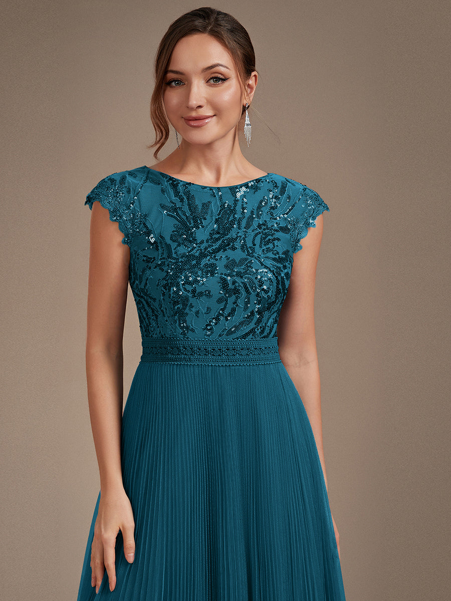 Tea L?nge Rundhals A Linie Pailletten Kleid Mit Sonnenstrahlen Falten Und Durchsichtigen Details Kleid #Farbe_Petrol