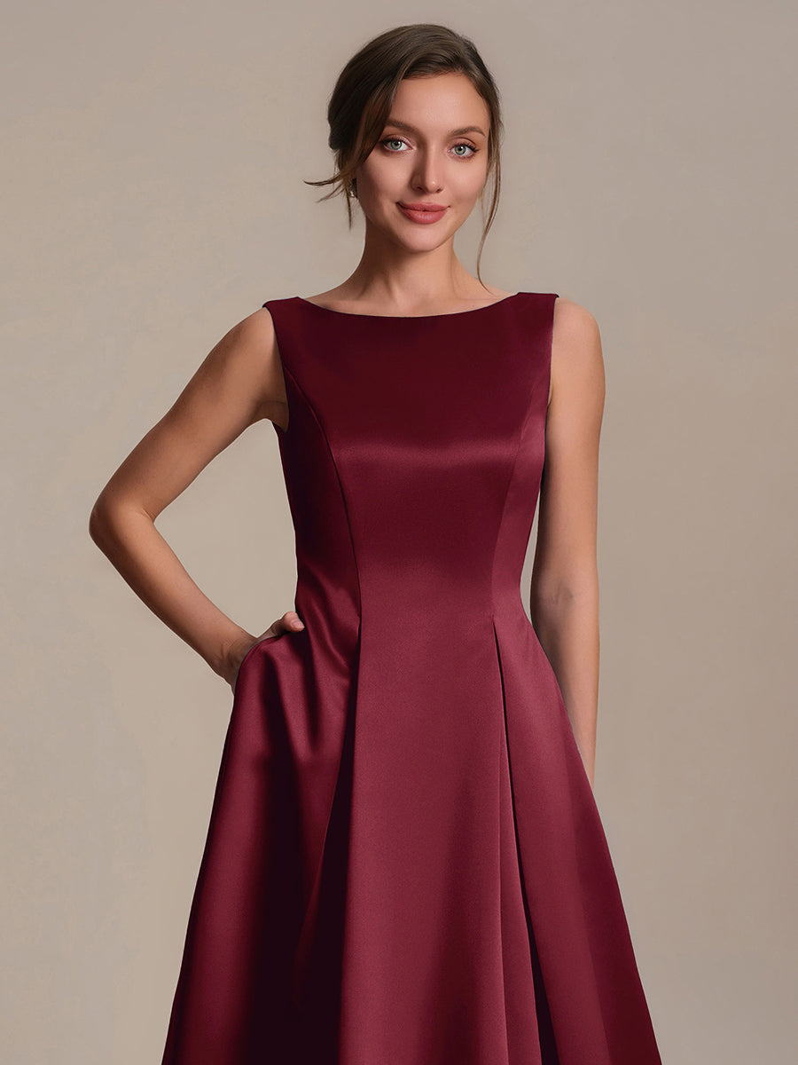 Satin Ärmellos Nicht elastisch hochzeitsgastkleid #Farbe_Burgunderrot