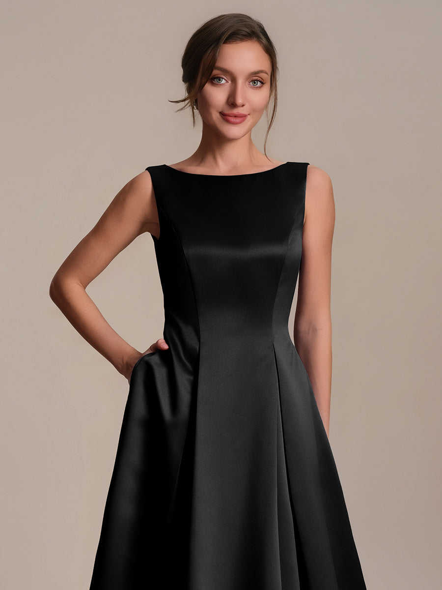 Satin Ärmellos Nicht elastisch hochzeitsgastkleid #Farbe_Schwarz