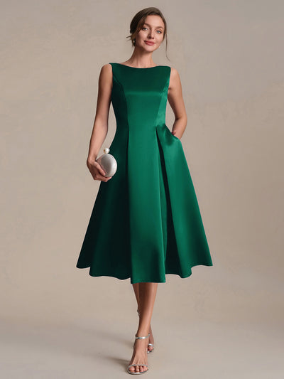 Satin Ärmellos Nicht elastisch hochzeitsgastkleid #Farbe_Dunkelgrün