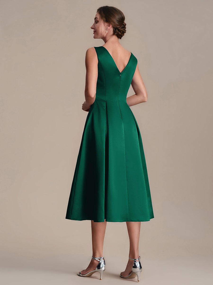 Satin Ärmellos Nicht elastisch hochzeitsgastkleid #Farbe_Dunkelgrün