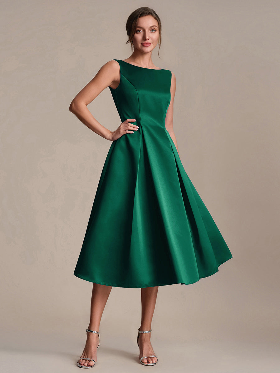 Satin Ärmellos Nicht elastisch hochzeitsgastkleid #Farbe_Dunkelgrün