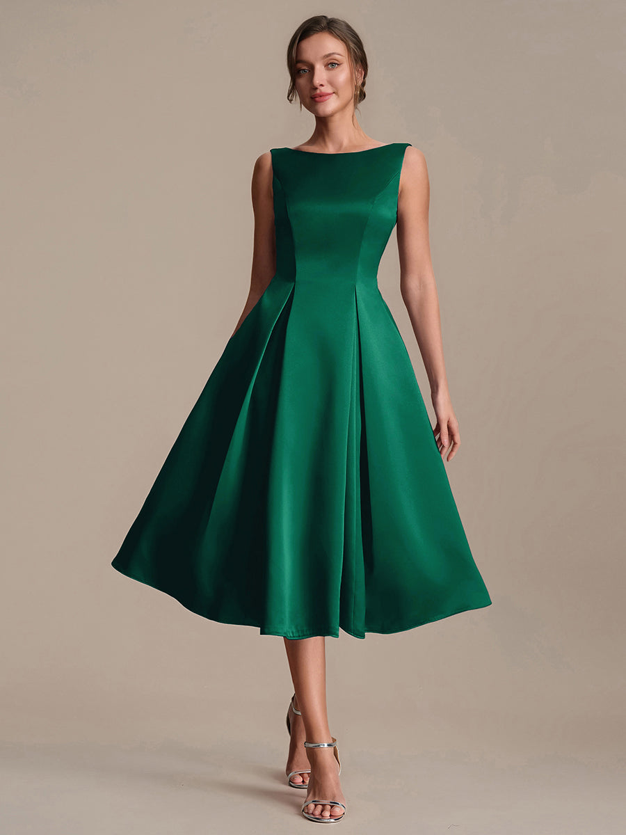 Satin Ärmellos Nicht elastisch hochzeitsgastkleid #Farbe_Dunkelgrün