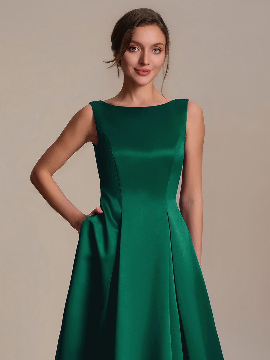 Satin Ärmellos Nicht elastisch hochzeitsgastkleid #Farbe_Dunkelgrün