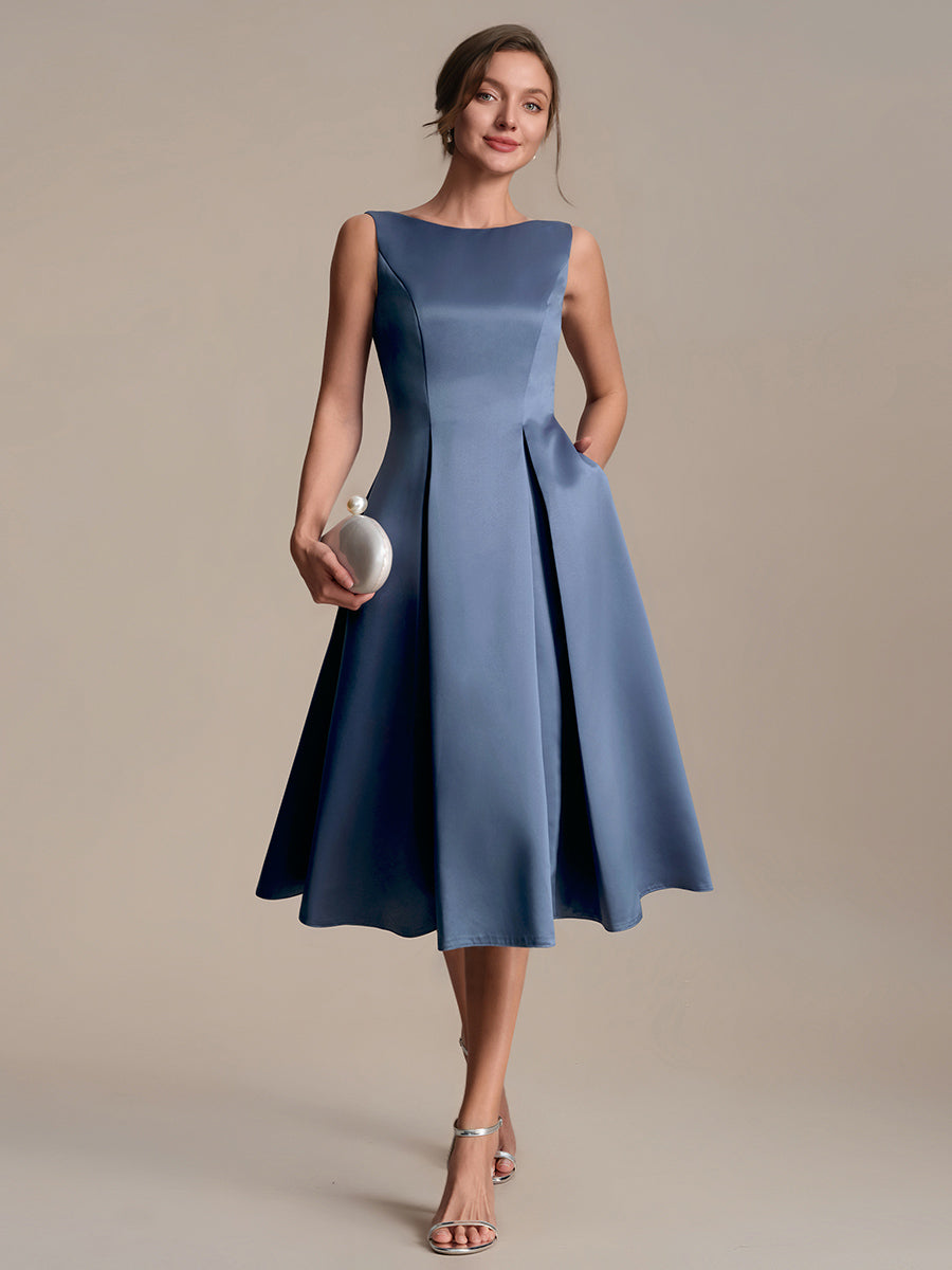 Satin Ärmellos Nicht elastisch hochzeitsgastkleid #Farbe_Taubenblau