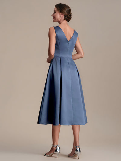 Satin Ärmellos Nicht elastisch hochzeitsgastkleid #Farbe_Taubenblau
