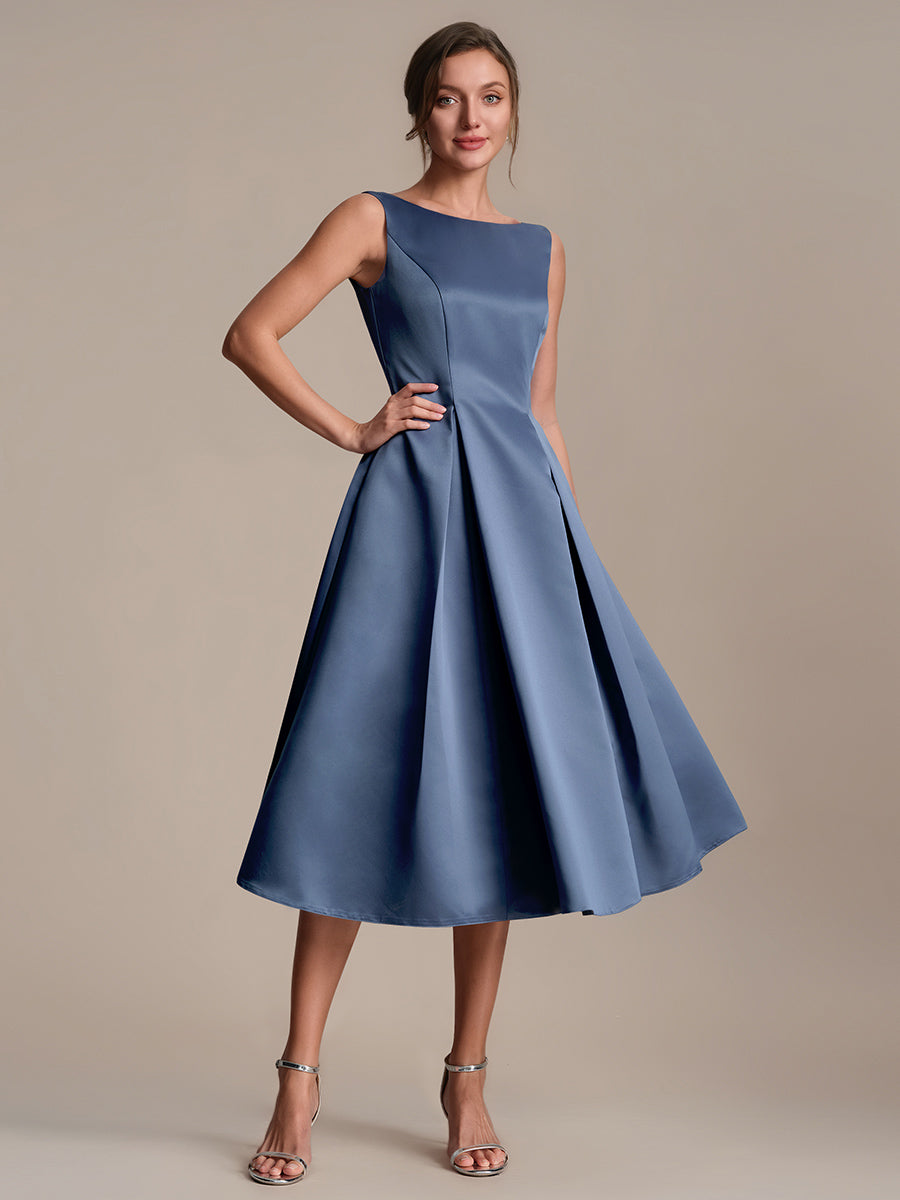 Satin Ärmellos Nicht elastisch hochzeitsgastkleid #Farbe_Taubenblau